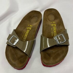 Birkenstock Madrid Sandals Birko-Flor Shiny Patent Strap Taupe Brown Red Bottoms